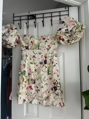 Floral Off-Shoulder linen Puff Sleeve Dress - Cream with Multicolor Floral Print